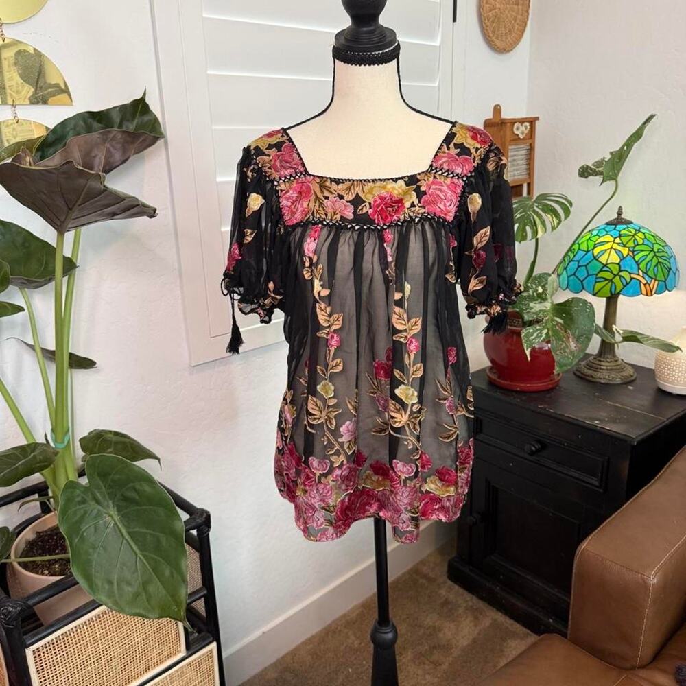Vintage Y2K Dressbarn Sheer Floral Velvet Babydoll Top Whimsigoth Fairycore